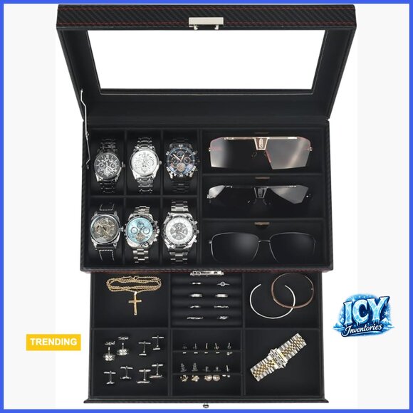 6-Slot Watch Case with Glass Lid and Lock Faux Leather and Velvet Storage